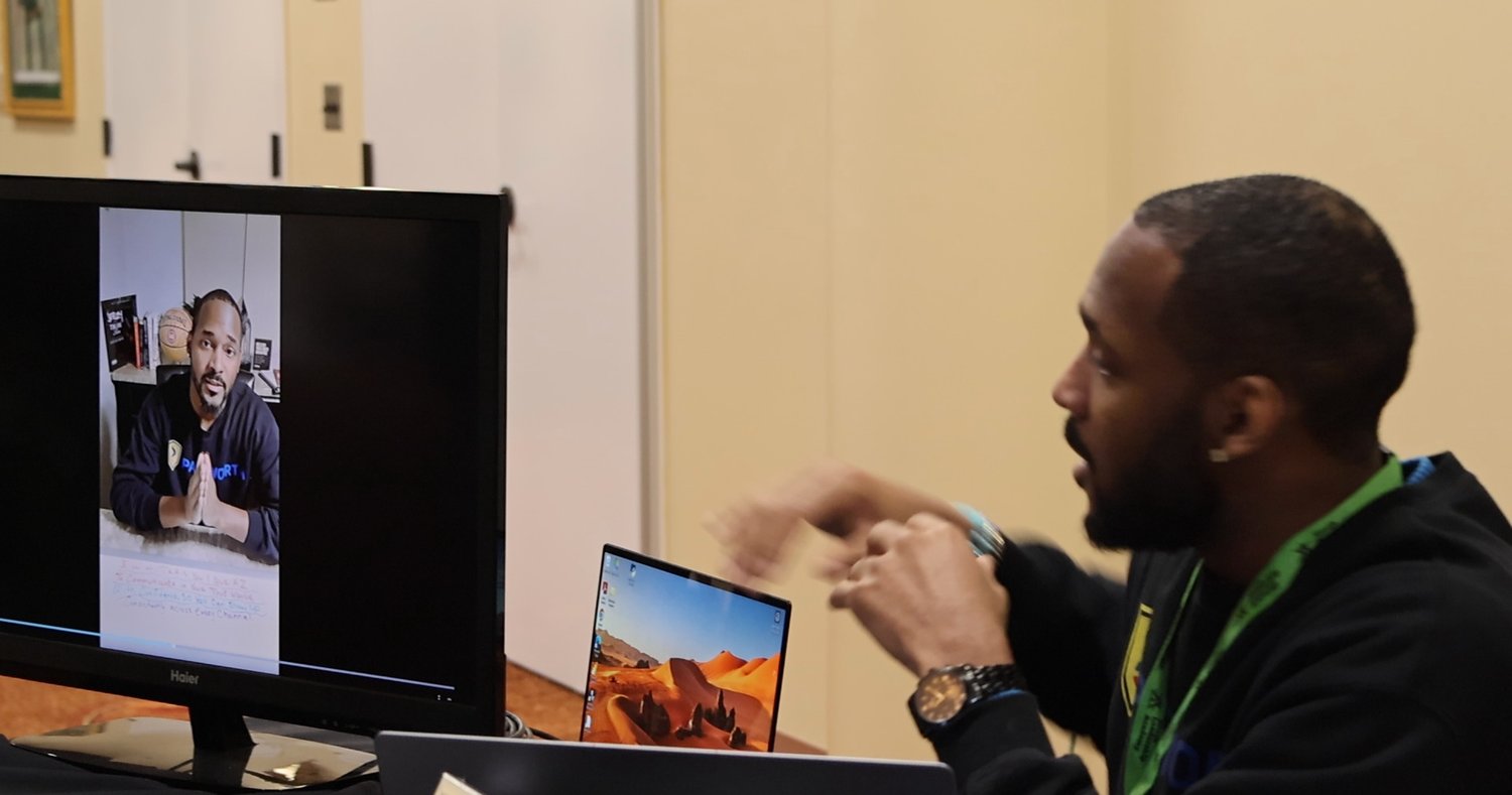At the workstation, his own recorded material playing on the monitor alongside.